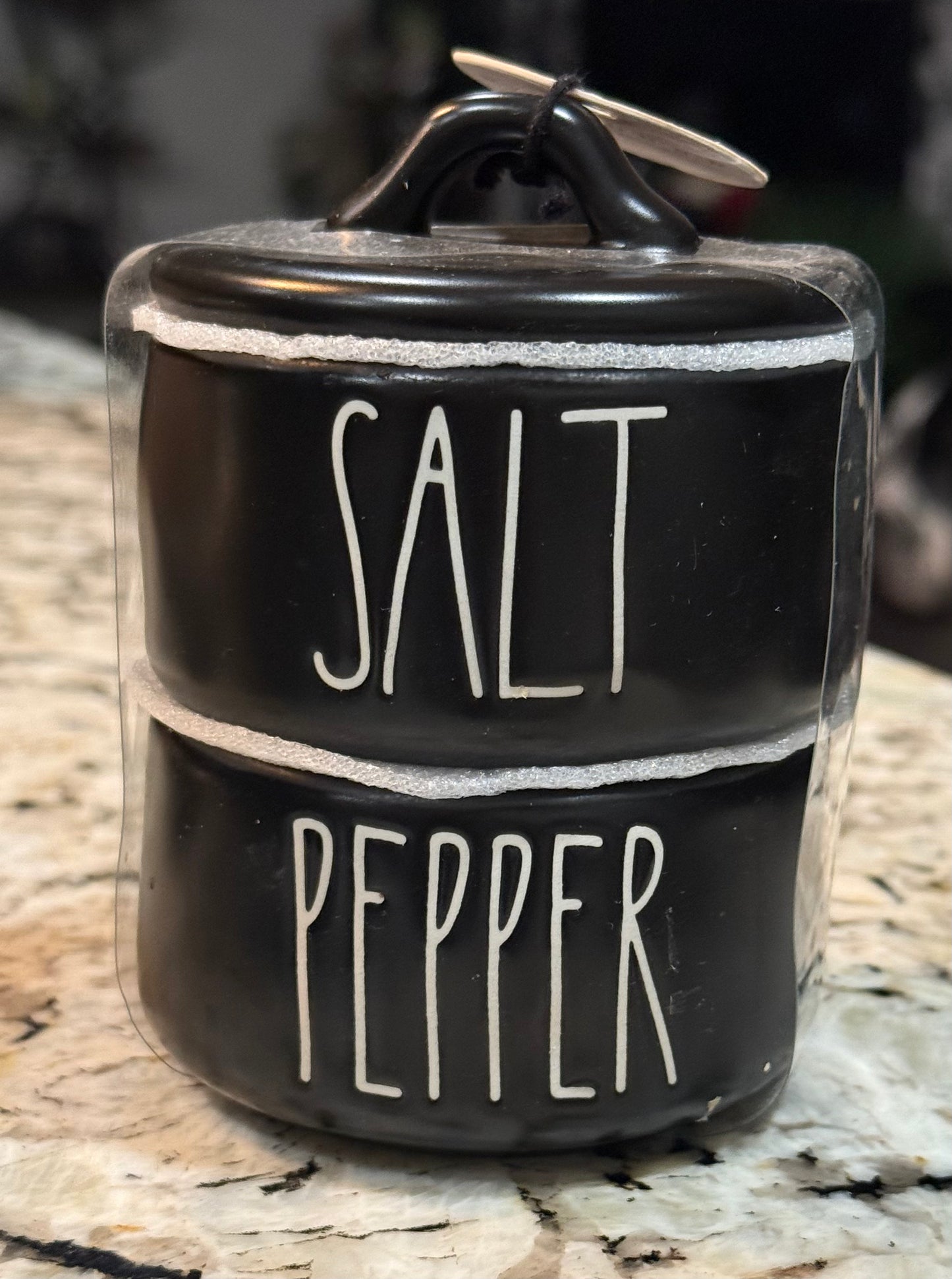 New Rae Dunn black ceramic SALT & PEPPER stacker