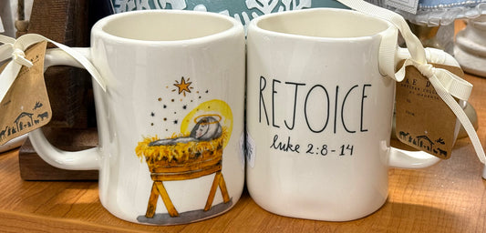 New Rae Dunn white ceramic religious coffee mug REJOICE LUKE 2:8-14