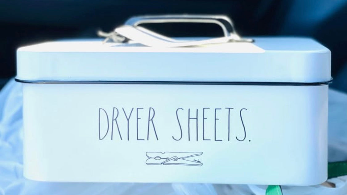 New Rae Dunn white metal DRYER SHEETS storage container