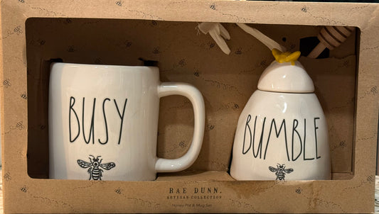 New Rae Dunn white ceramic bee π themed gift set BUSY BEE mug and BUMBLE BEE honey pot