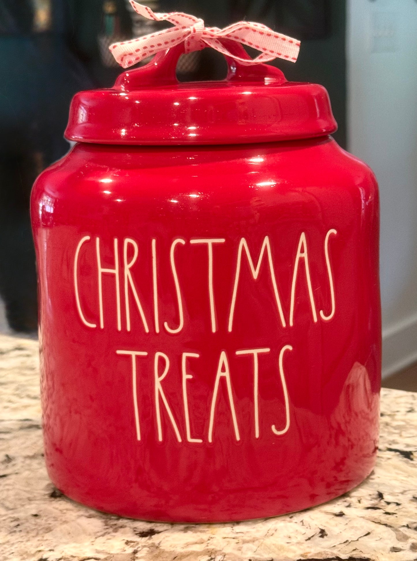 New Rae Dunn 8” red ceramic CHRISTMAS TREATS Christmas cookie jar canister
