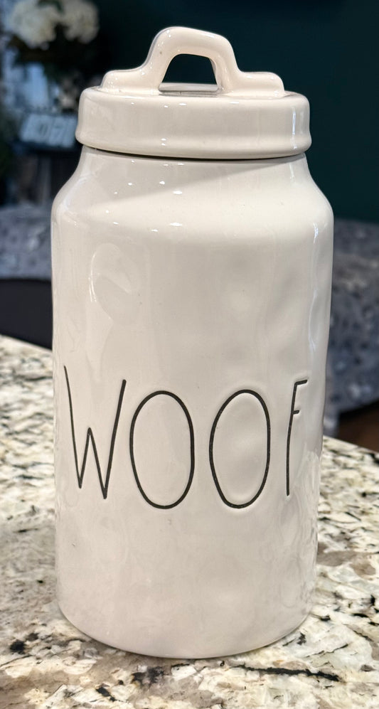 New Rae Dunn white ceramic 9.”storage canister WOOF
