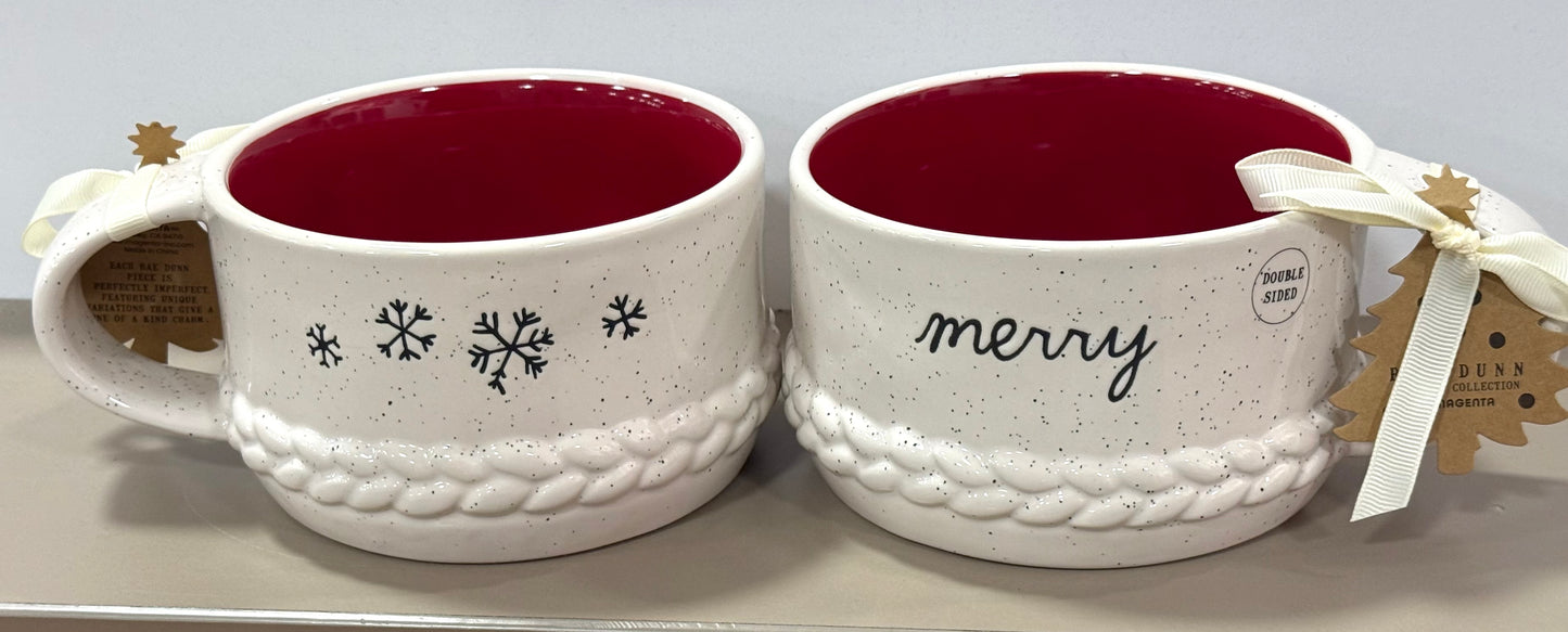 New Rae Dunn ceramic soup mug with snowflake trim MERRY -double sided, speckled. Christmas decor