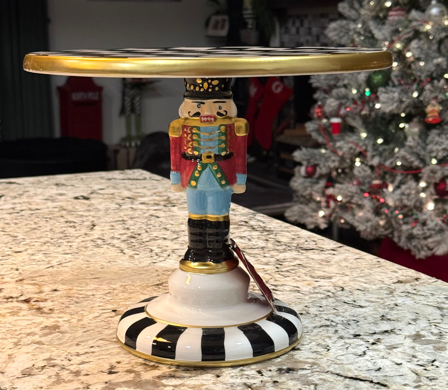 New Home for the Holidays ceramic Nutcracker courtly check cake stand 8” Christmas decor