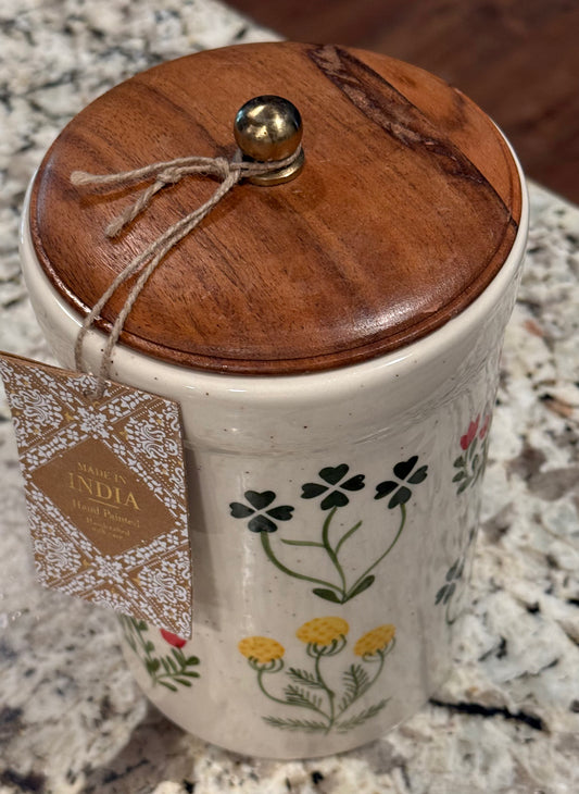New Made in India floral, clover, tulip ceramic storage canister decor 9”