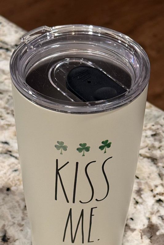 New Rae Dunn St. Patrick’s Day white insulated stainless tumbler watercolor shamrocks KISS ME