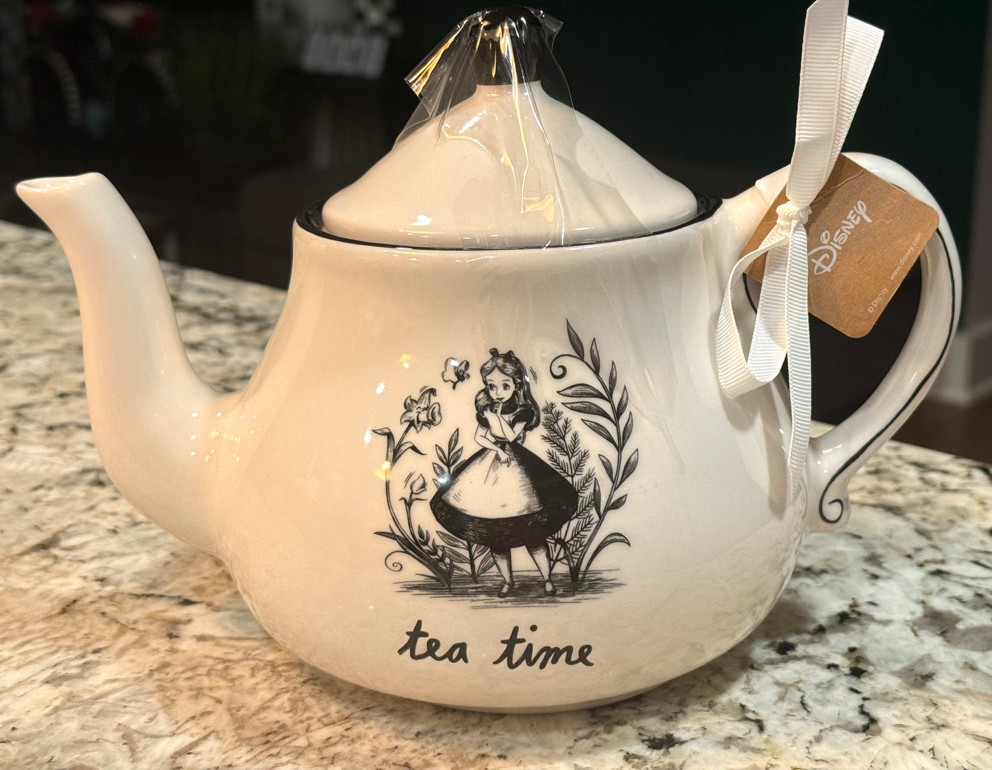 New Rae Dunn x Alice in Wonderland ceramic black & white teapot TEA TIME