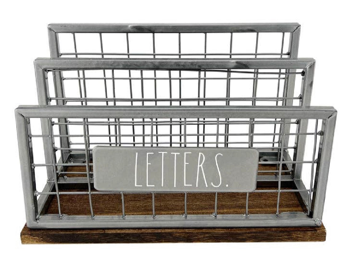 New Rae Dunn Grey Wooden Base Wire LETTERS. 3-slot Holder