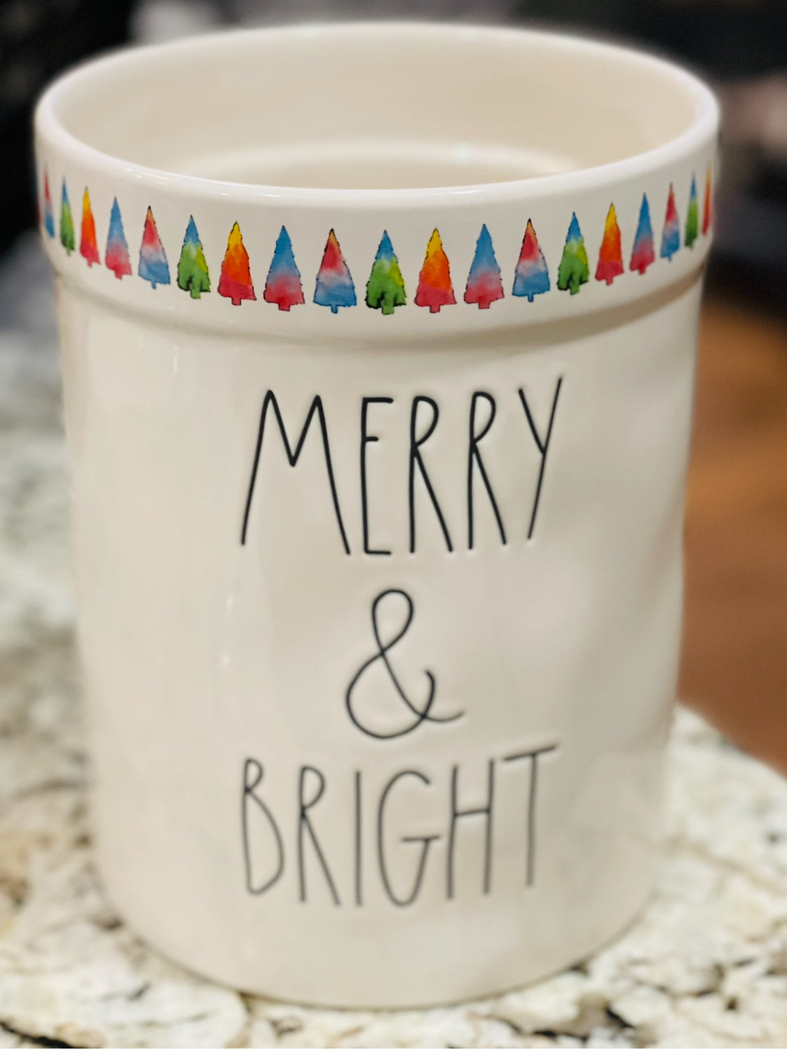 New Rae Dunn white ceramic utensils holder MERRY CHRISTMAS watercolor trees