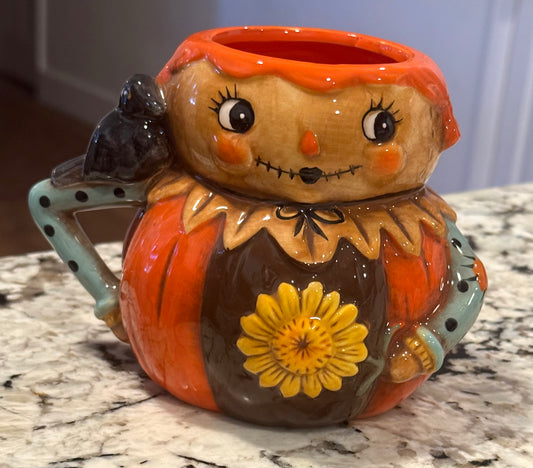 New Joanna Parker ceramic fall scarecrow girl mug with sunflower