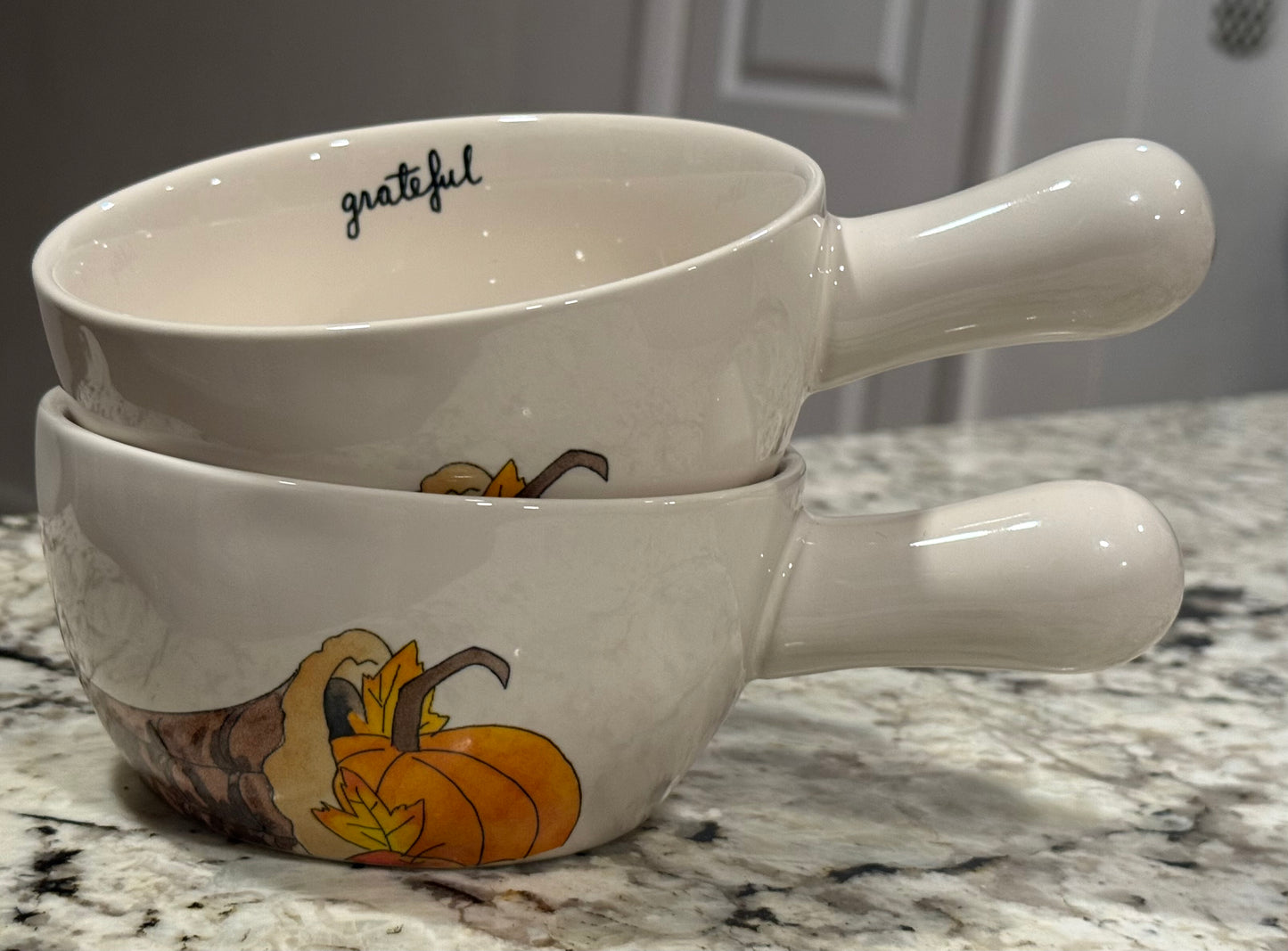 New Rae Dunn white ceramic fall handled bowl set GRATEFUL
