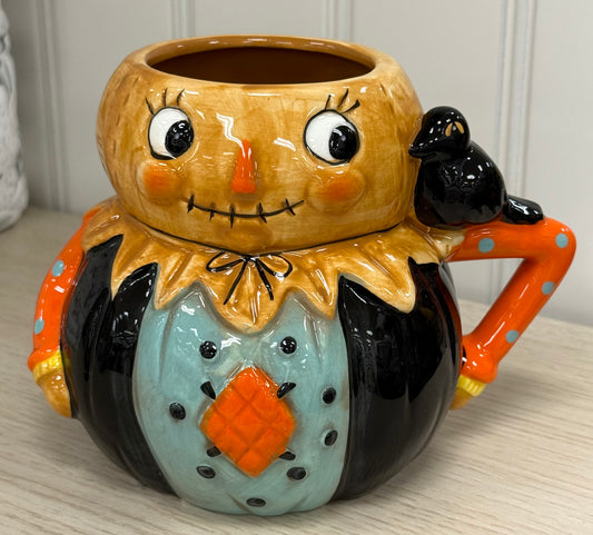 New Joanna Parker ceramic scarecrow coffee mug fall decor- diamond belly
