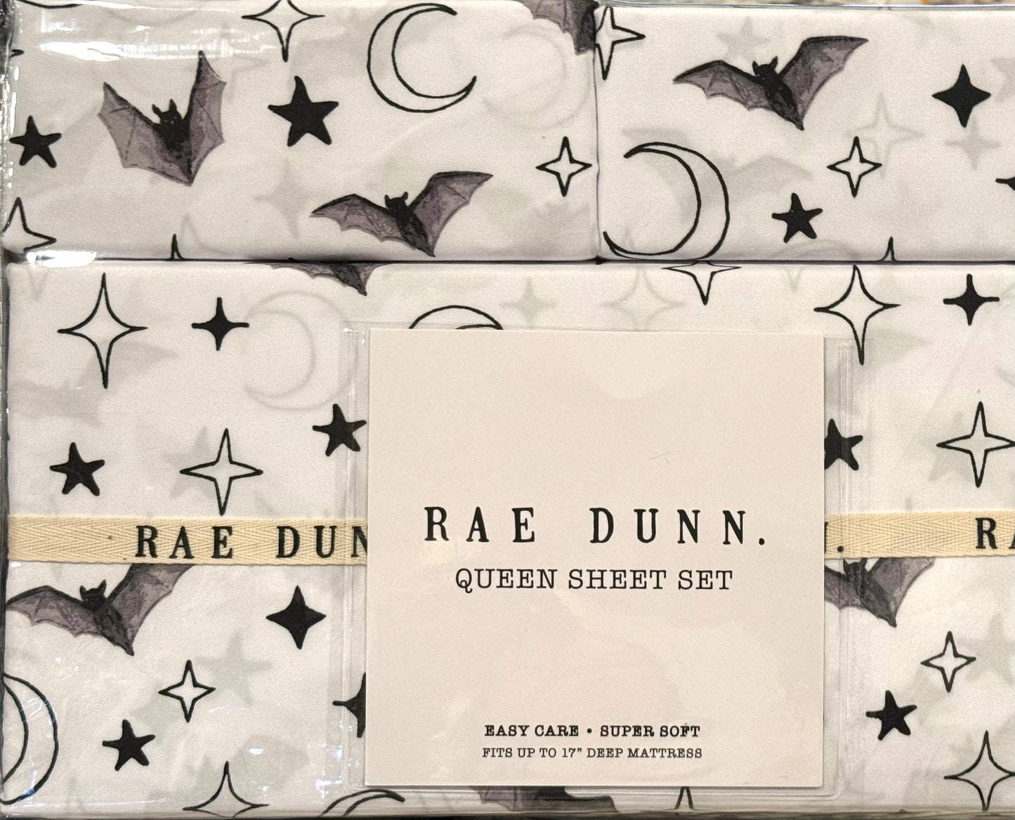 New Rae Dunn white bat/moon Halloween QUEEN sheet set