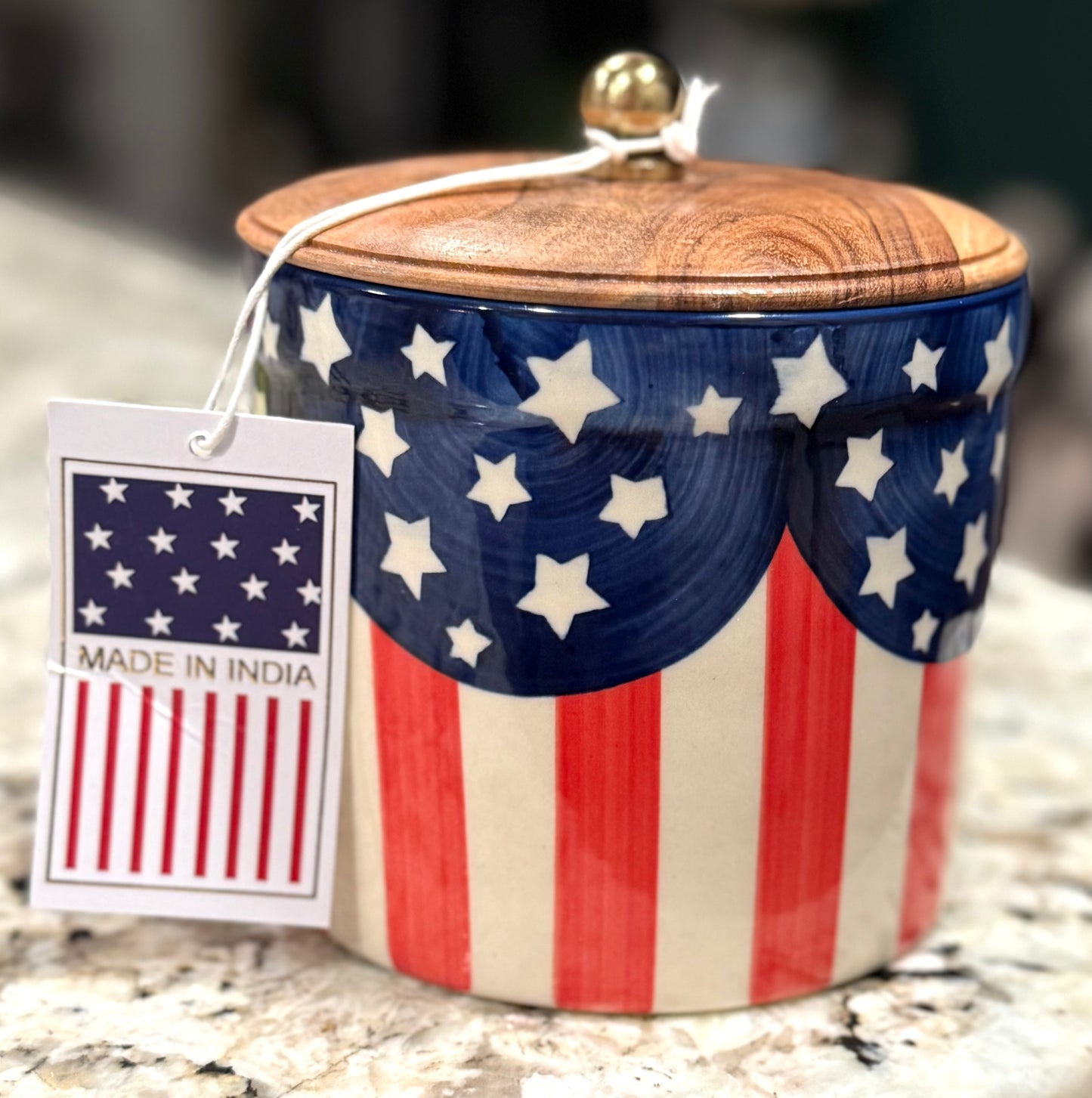 New Made in India ceramic American flag wood topped canister