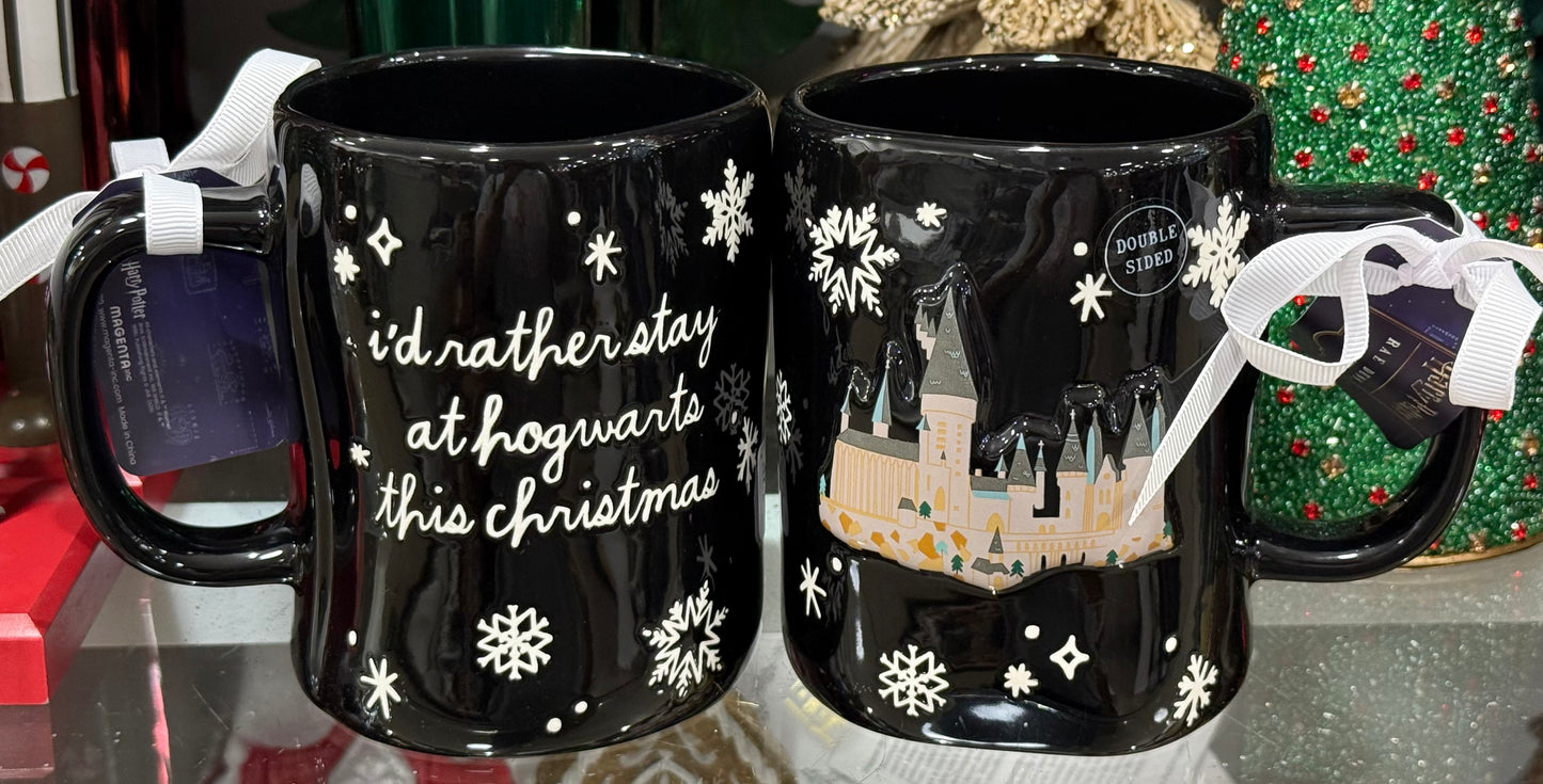 New Rae Dunn x Harry Potter black ceramic iridescent Christmas coffee mug I’D RATHER STAY AT HOGWARTS THIS CHRISTMAS