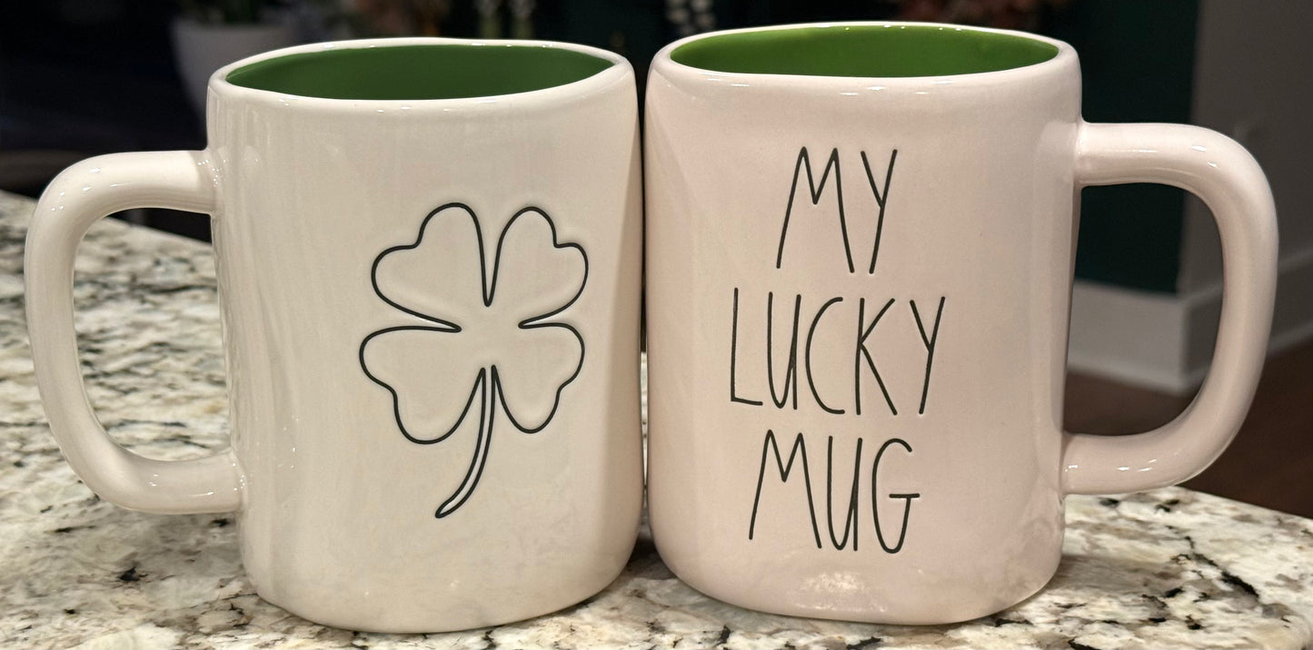 New Rae Dunn green interior white ceramic St. Patrick’s Day MY LUCKY MUG shamrock on back