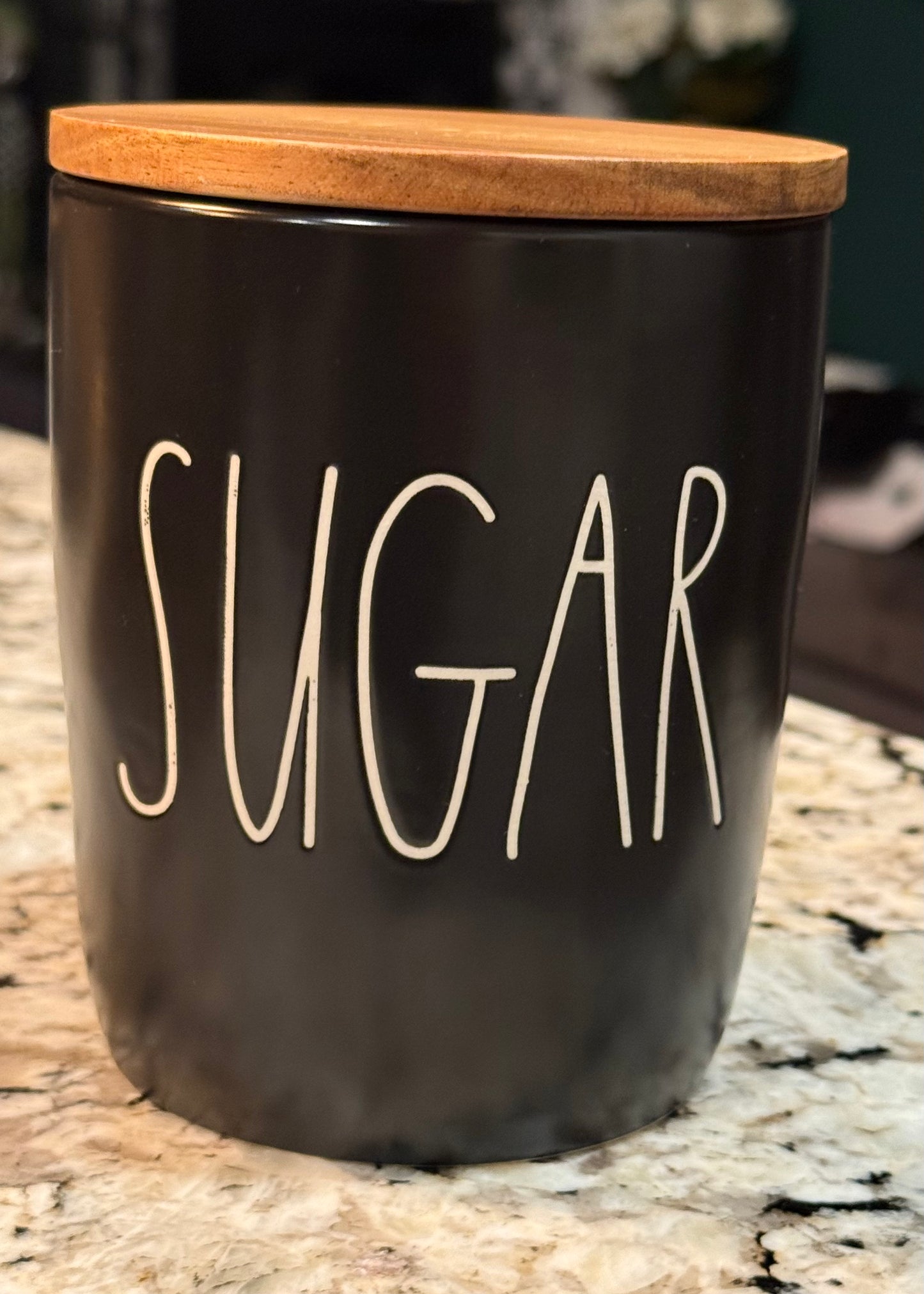 New Rae Dunn black ceramic wood lid storage cellar SUGAR 5”