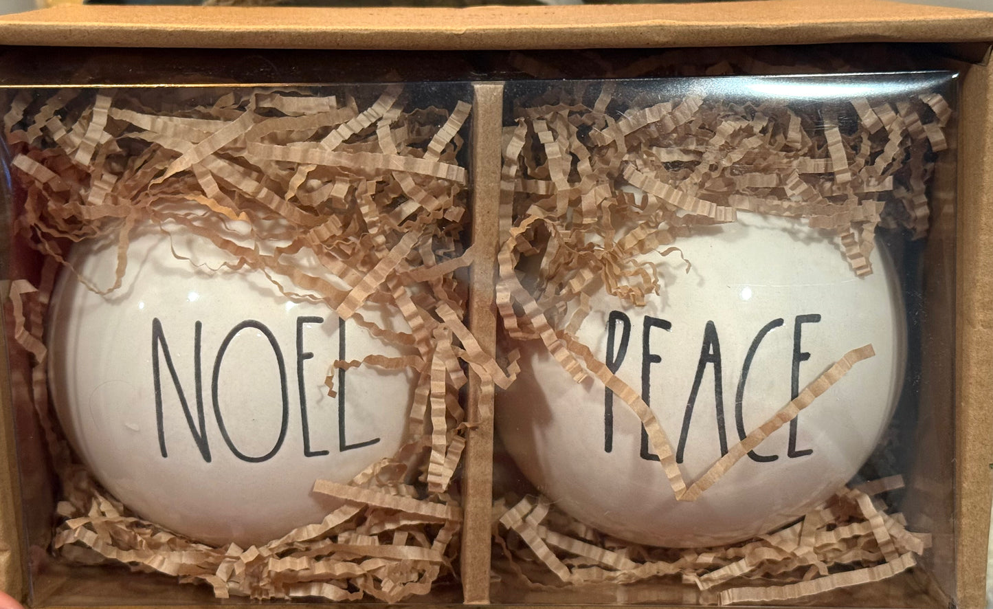 New Rae Dunn white/black writing 2-piece ceramic Christmas ornament box set NOEL/PEACE