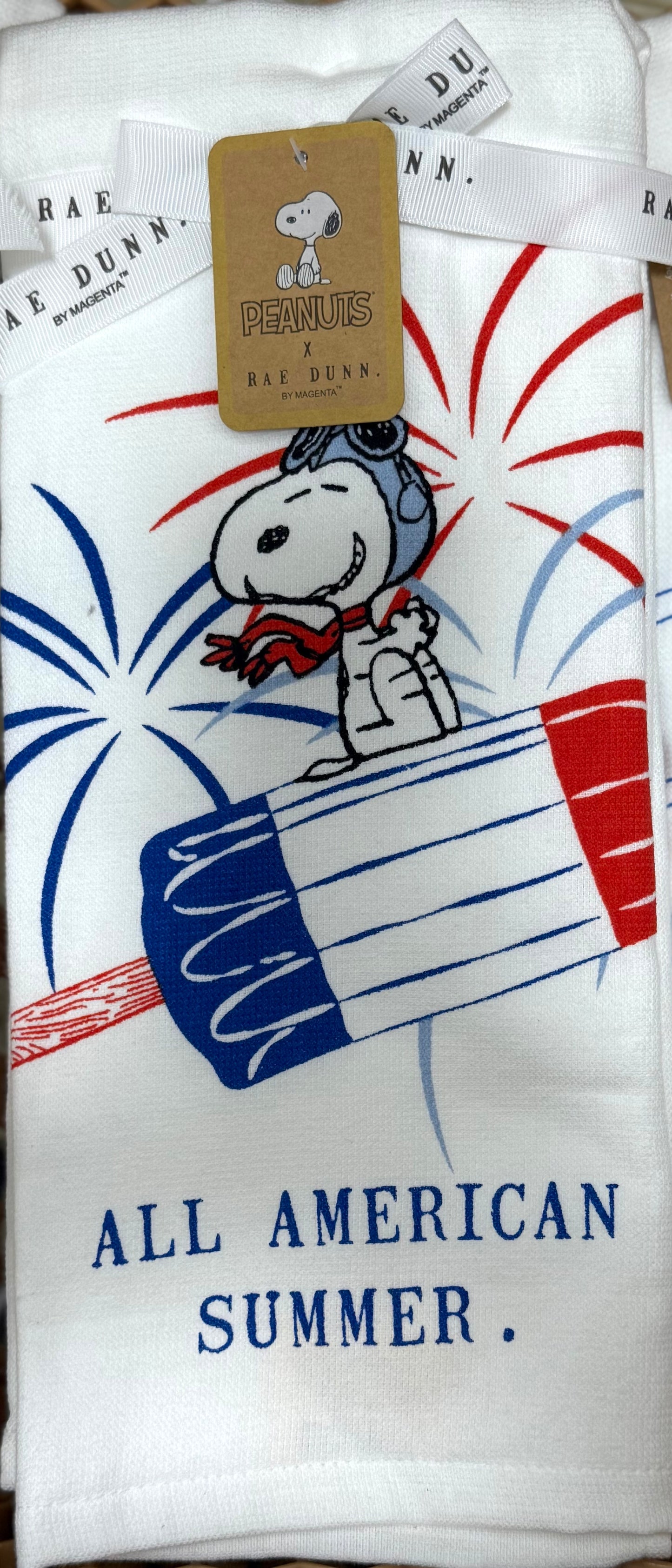 New Rae Dunn x Peanuts Snoopy 2-piece kitchen dish towel set ALL AMERICAN πΊπΈ SUMMER