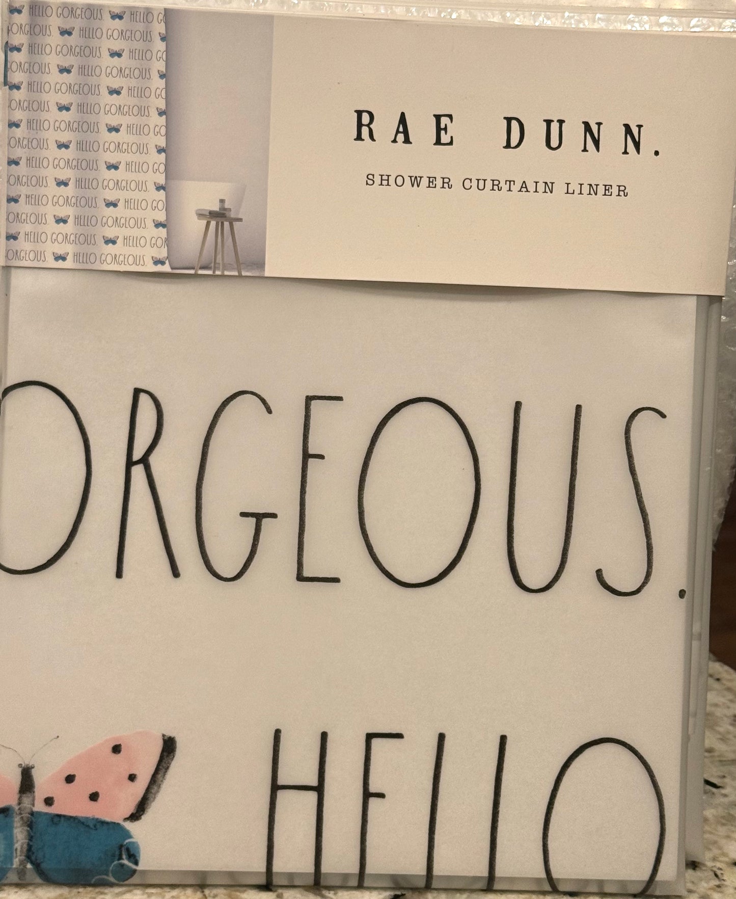 New Rae Dunn shower curtain liner butterfly 🦋 print HELLO GORGEOUS -blue