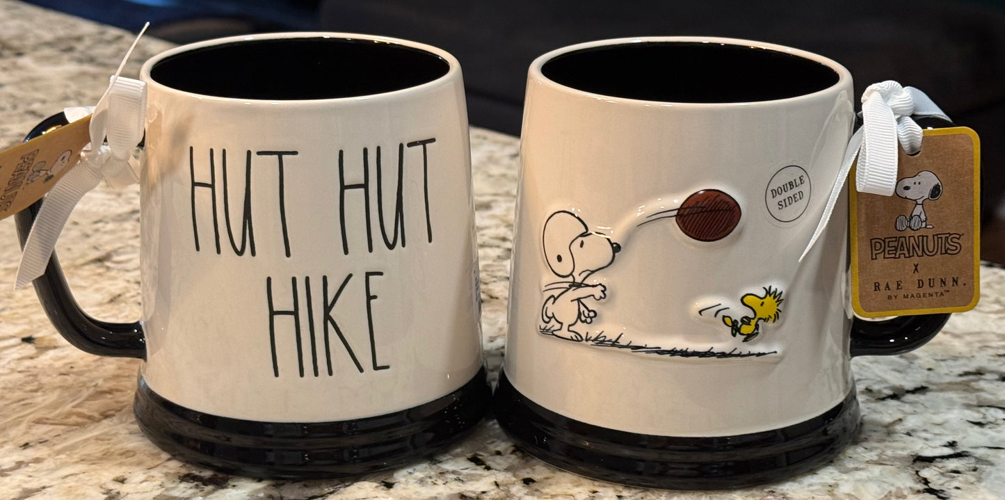 New Rae Dunn x Peanuts Snooy ceramic Football coffee mug decor HUT HUT HIKE