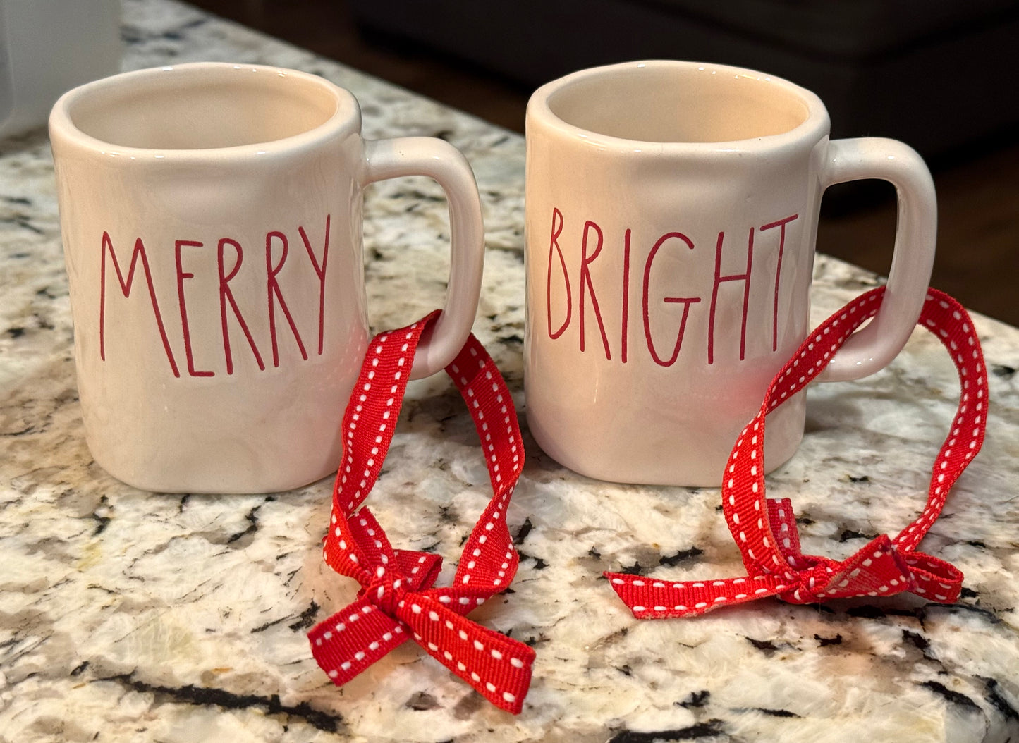 New Rae Dunn mini ceramic coffee mug ornament set MERRY & BRIGHT