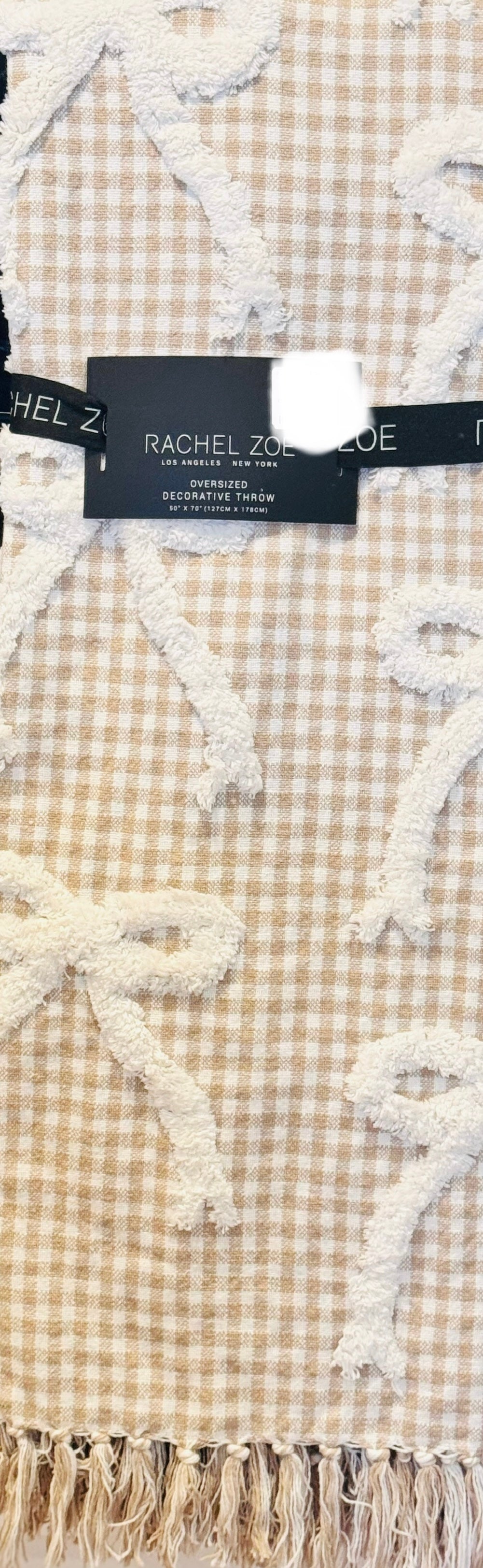 New Rachel Zoe plaid white coquette fringed throw blanket 50x70