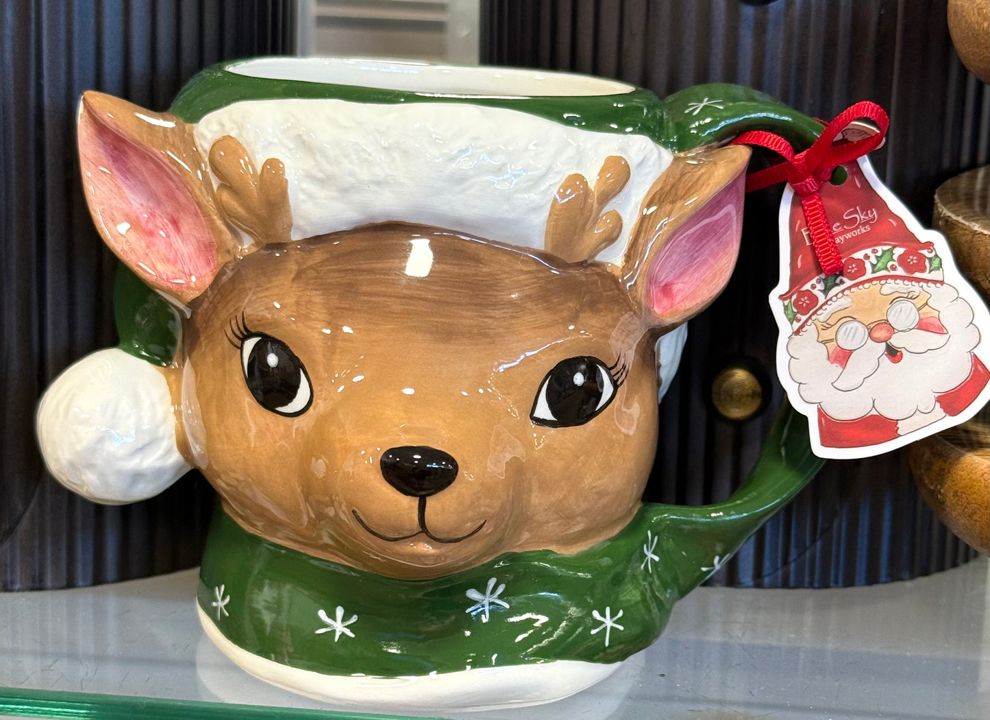 New Blue Sky ceramic Christmas deer face coffee mug