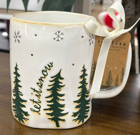 New Rae Dunn ceramic Christmas coffee mug LET IT SNOW trees
