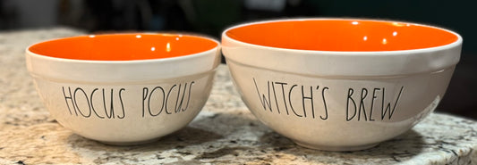 Rae Dunn ceramic white Halloween bowl set HAPPY HALLOWEEN & TRICK OR TREAT orange interior