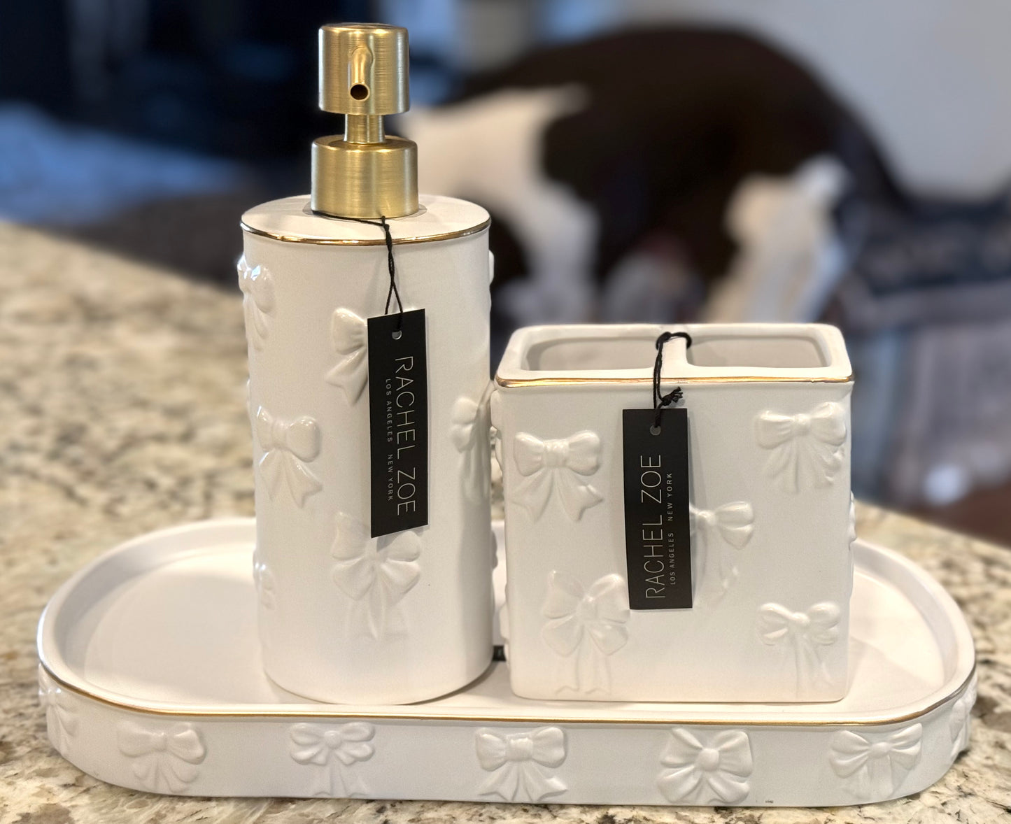 New white ceramic Rachel Zoe 3-piece coquette bathroom accessories set