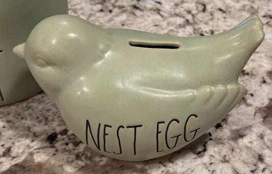 New Rae Dunn green ceramic birdhouse & bank set NEST/NEST EGG