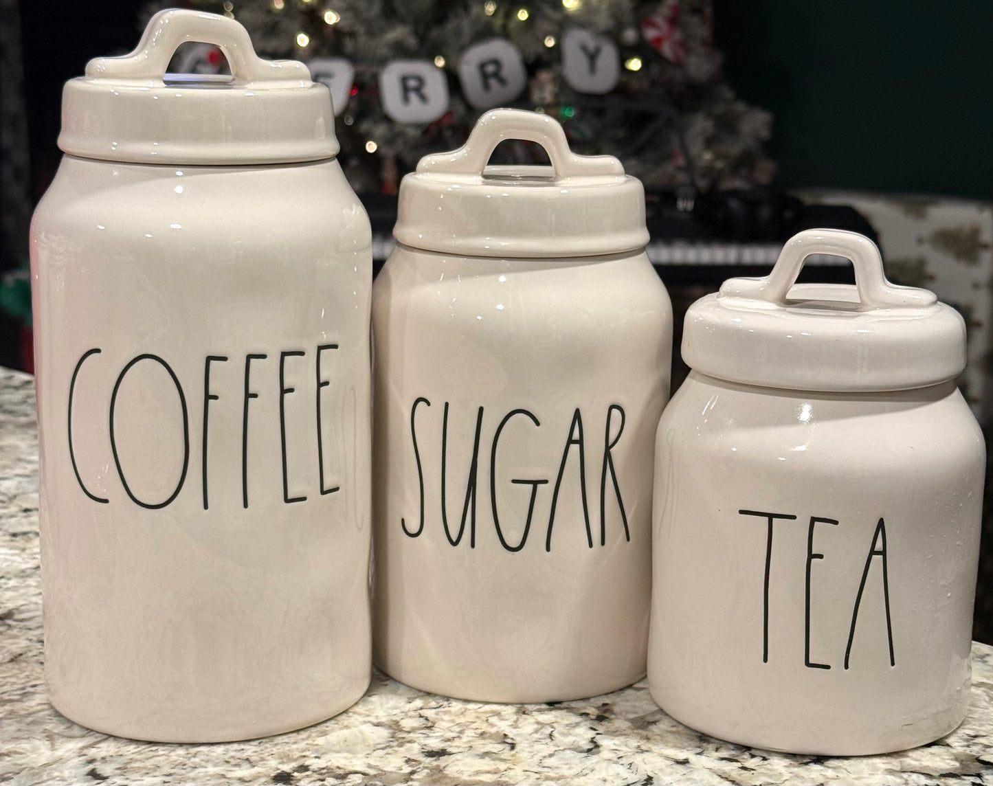 New Rae Dunn white ceramic canister set 3-piece COFFEE, SUGAR, TEA
