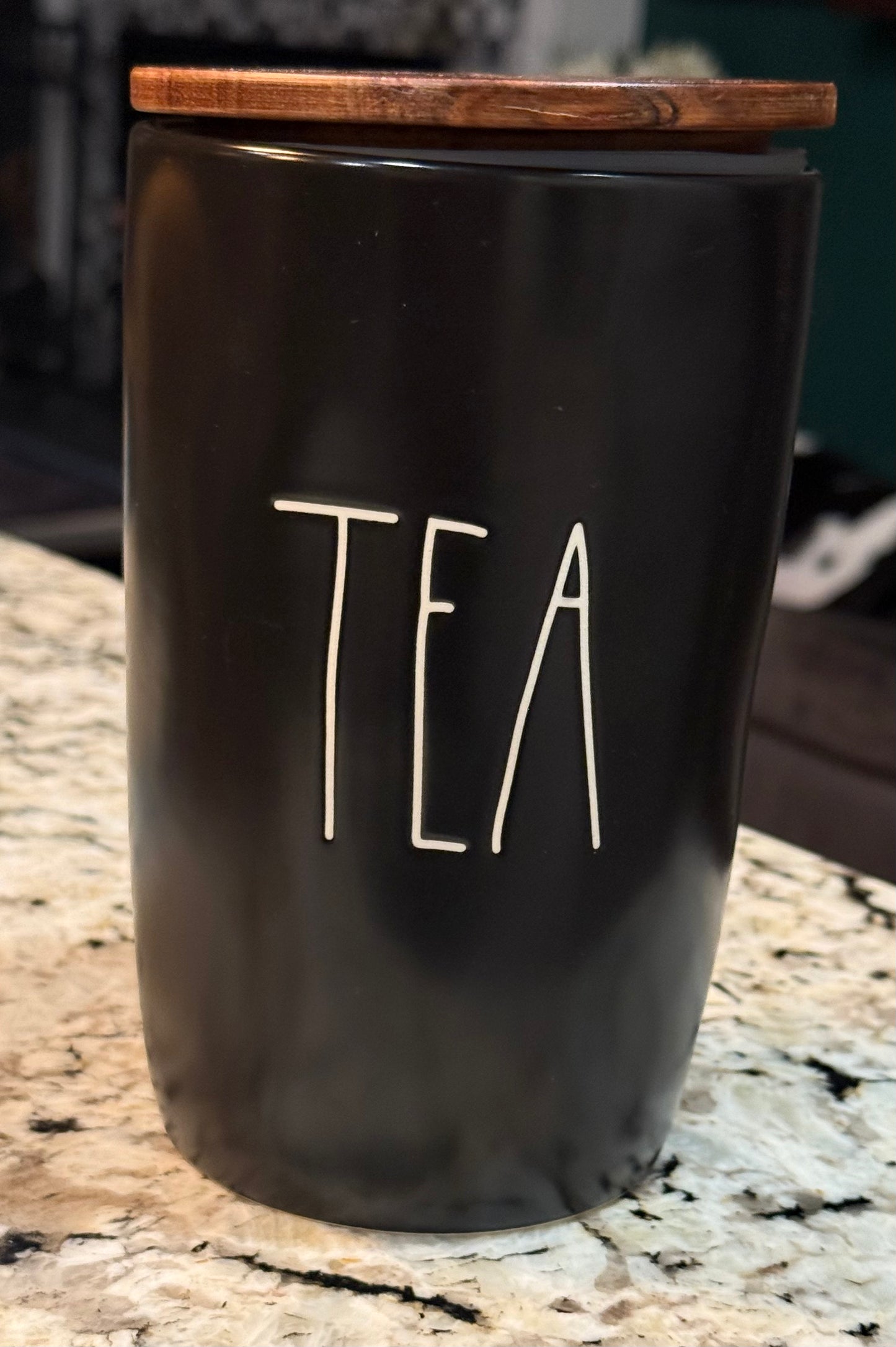 New Rae Dunn black ceramic wood lid storage cellar TEA