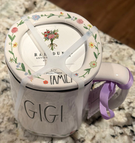 New Rae Dunn white ceramic coffee mug with photo frame GIGI/FAMILY