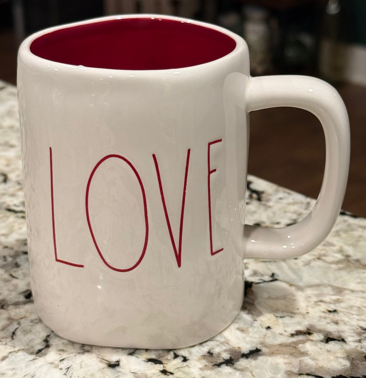 New Rae Dunn white ceramic coffee mug LOVE red interior & writing