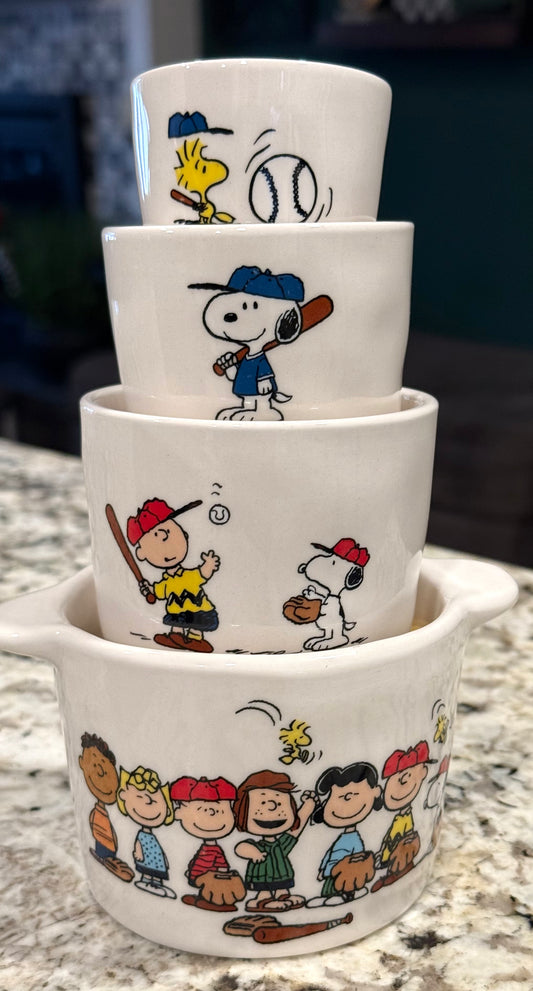 New Rae Dunn ceramic Peanuts Snoopy baseball measuring cup set