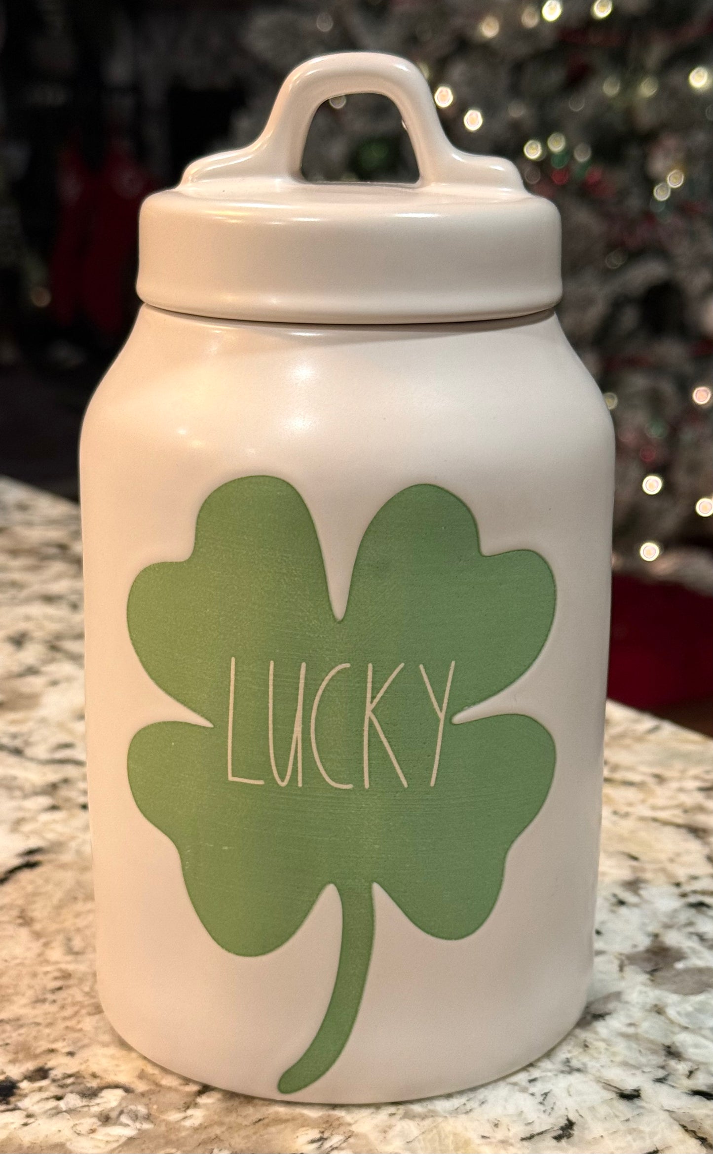 New Rae Dunn off white ceramic shamrock ☘️ LUCKY canister St. Patrick’s Day decor
