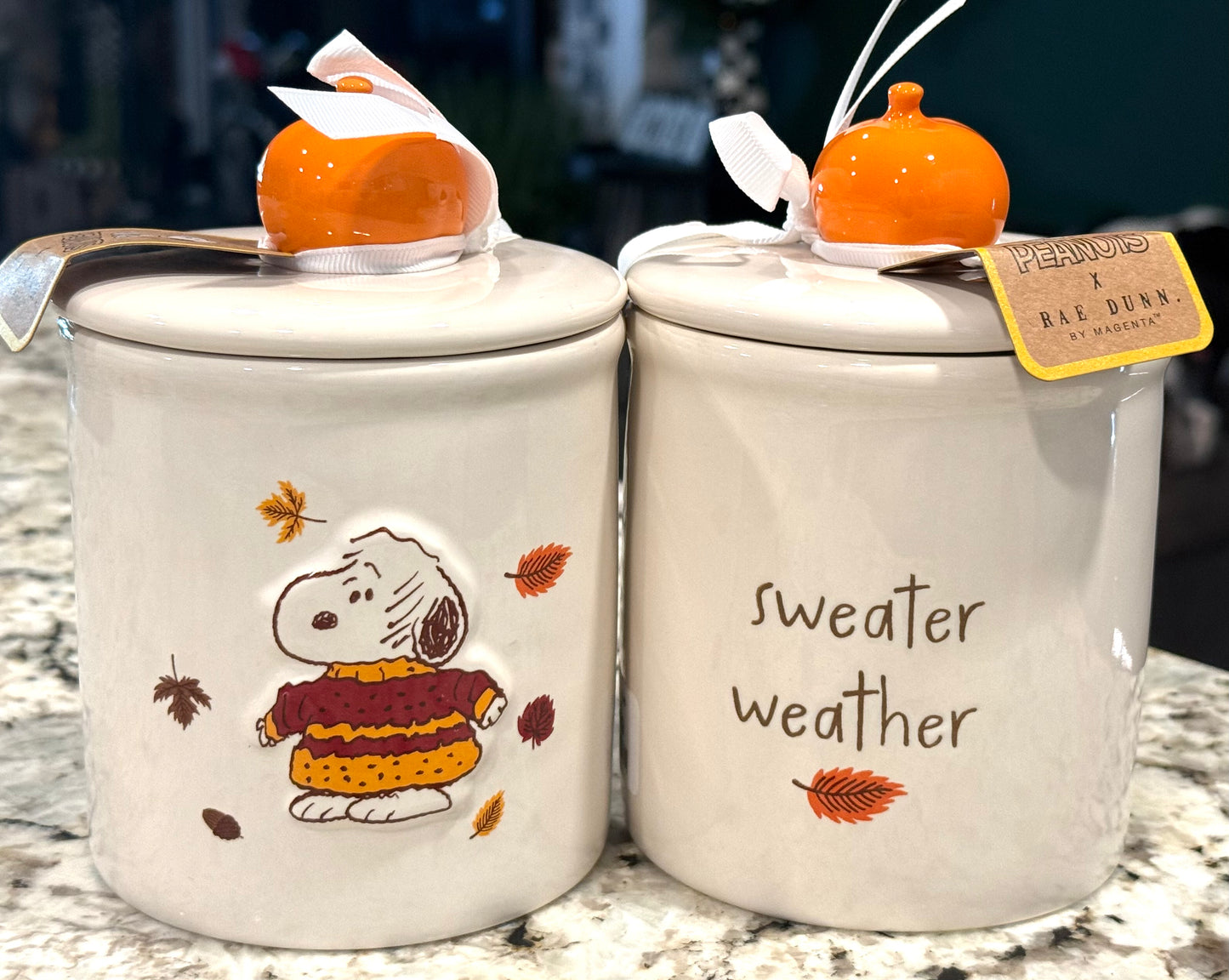 New Rae Dunn x Peanuts Snoopy ceramic SWEATER WEATHER fall canister 5.25”