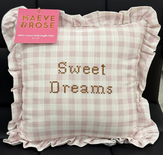 New pink gingham 12x12 ruffled edge needlepoint throw pillow SWEET DREAMS