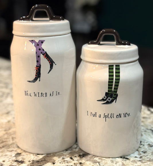 New Rae Dunn ceramic Halloween 2-piece ceramic canister Witches Legs Collection THE WITCH IS IN & I PUT A SPELL IN YOU