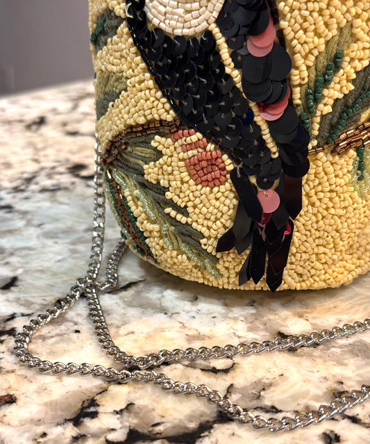 New Made In India yellow beaded Tucan drawstring satin interior tote/purse, crossbody chain strap