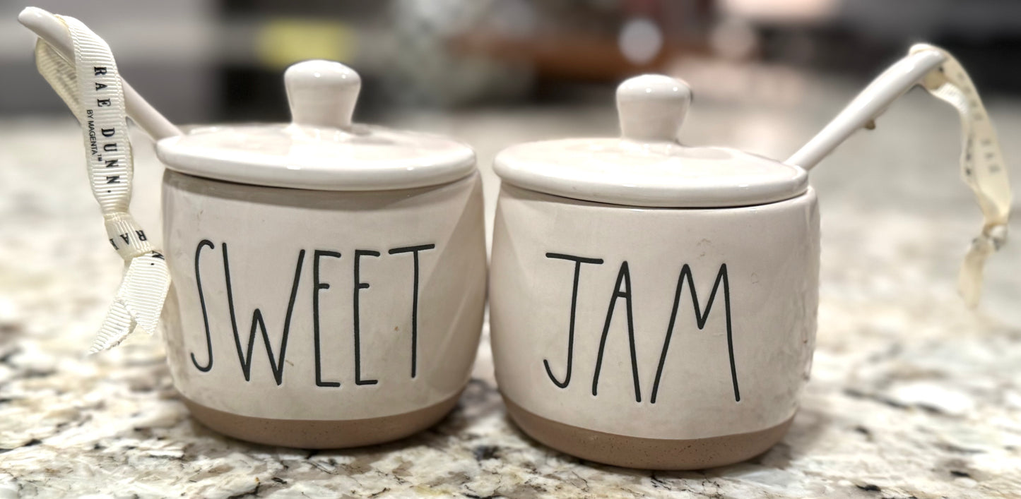 New Rae Dunn ceramic SWEET / JAM container set, clay bottom