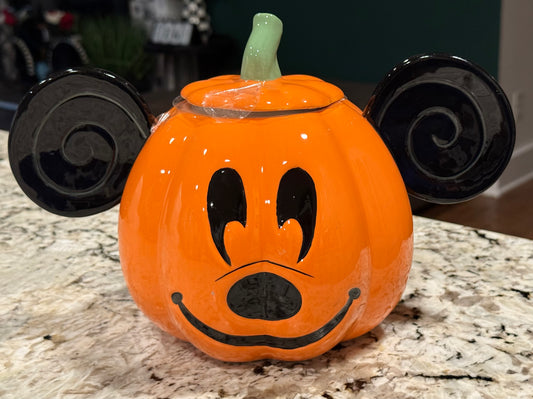New Disney’s Mickey & Minnie Mouse ceramic pumpkin face Halloween/Fall cookie jar-hand painted