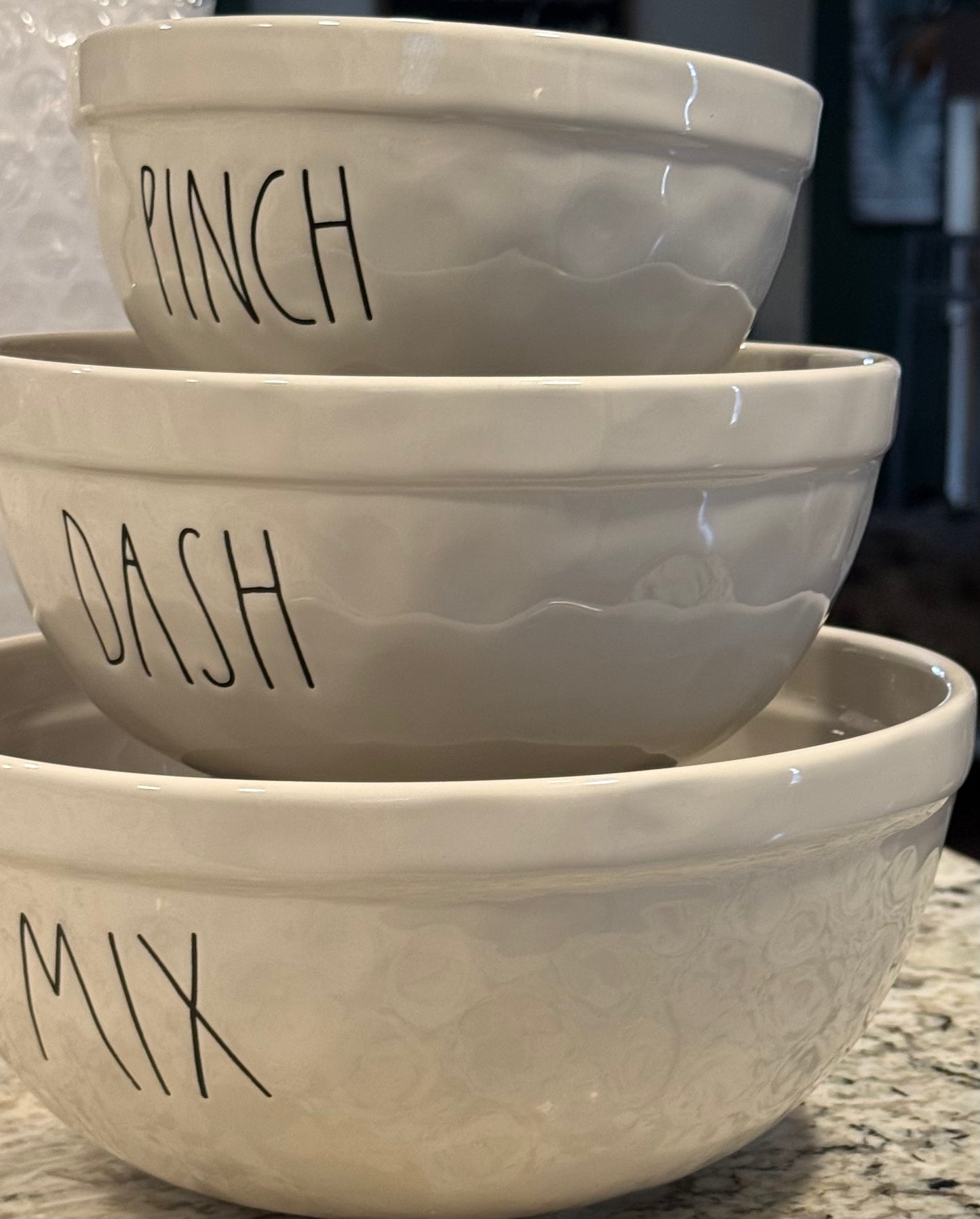 Rae Dunn white ceramic 2017 dimpled 3-piece bowl set PINCH DASH MIX no flaws, beautiful dimples!