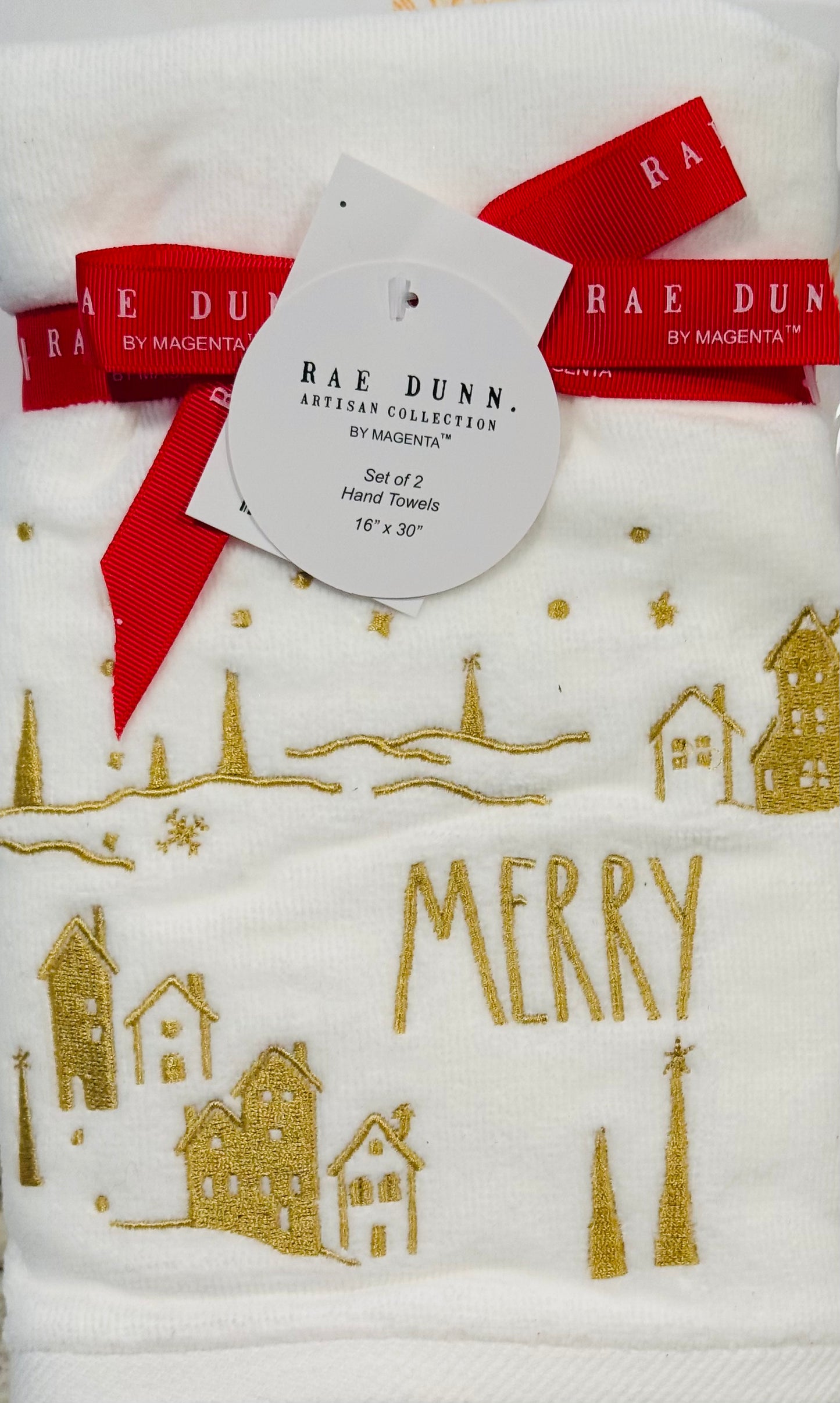 New Rae Dunn Christmas 2-piece bathroom hand towel set MERRY gold stitching