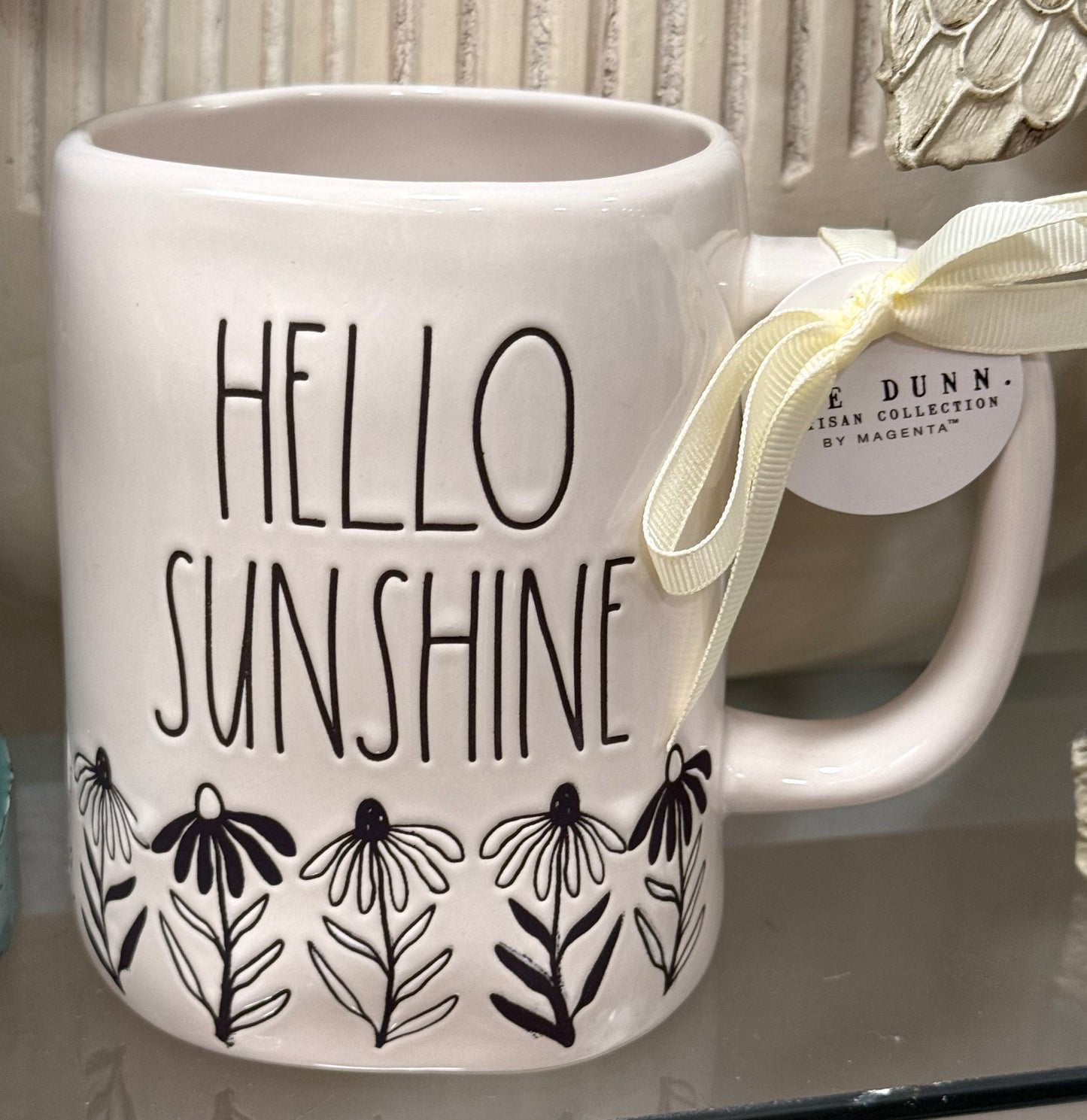 New Rae Dunn white ceramic floral print coffee mug HELLO SUNSHINE