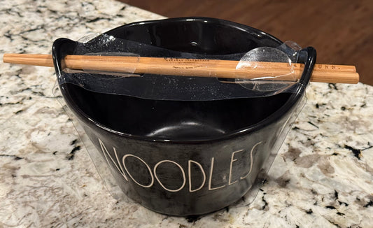 New Rae Dunn black ceramic NOODLES bowl with chopstick set
