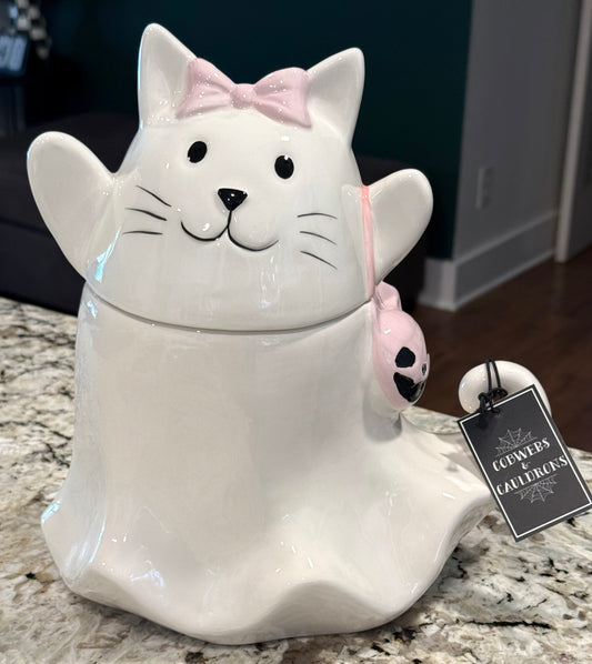 New white ceramic Halloween ghost cat cookie jar 11.5x11.5