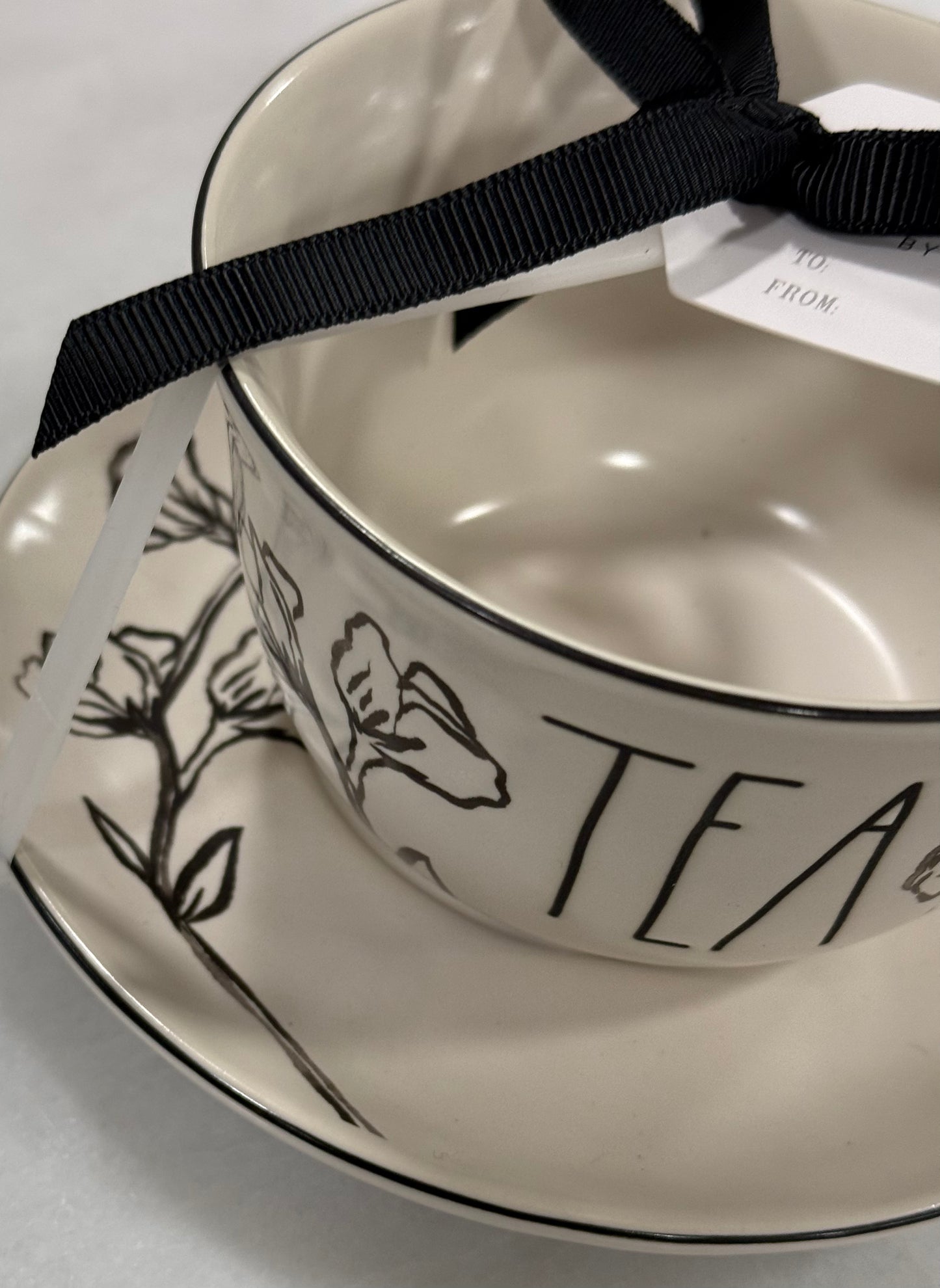 New Rae Dunn ceramic cup & saucer black floral TEA